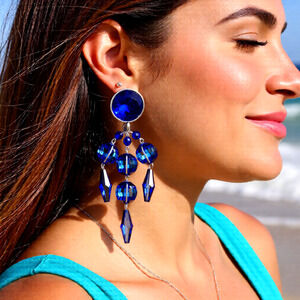 Eric Beamon vintage Clip chandelier earrings with royal blue Swarovski crystals